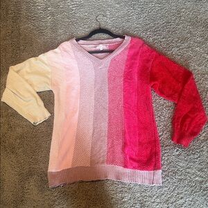 Pink Lily Tri-Tone Cream, Pink, and Red V-Neck Chenille Sweater